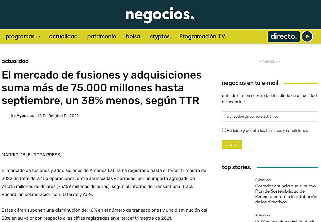 El mercado de fusiones y adquisiciones suma ms de 75.000 millones hasta septiembre, un 38% menos, segn TTR